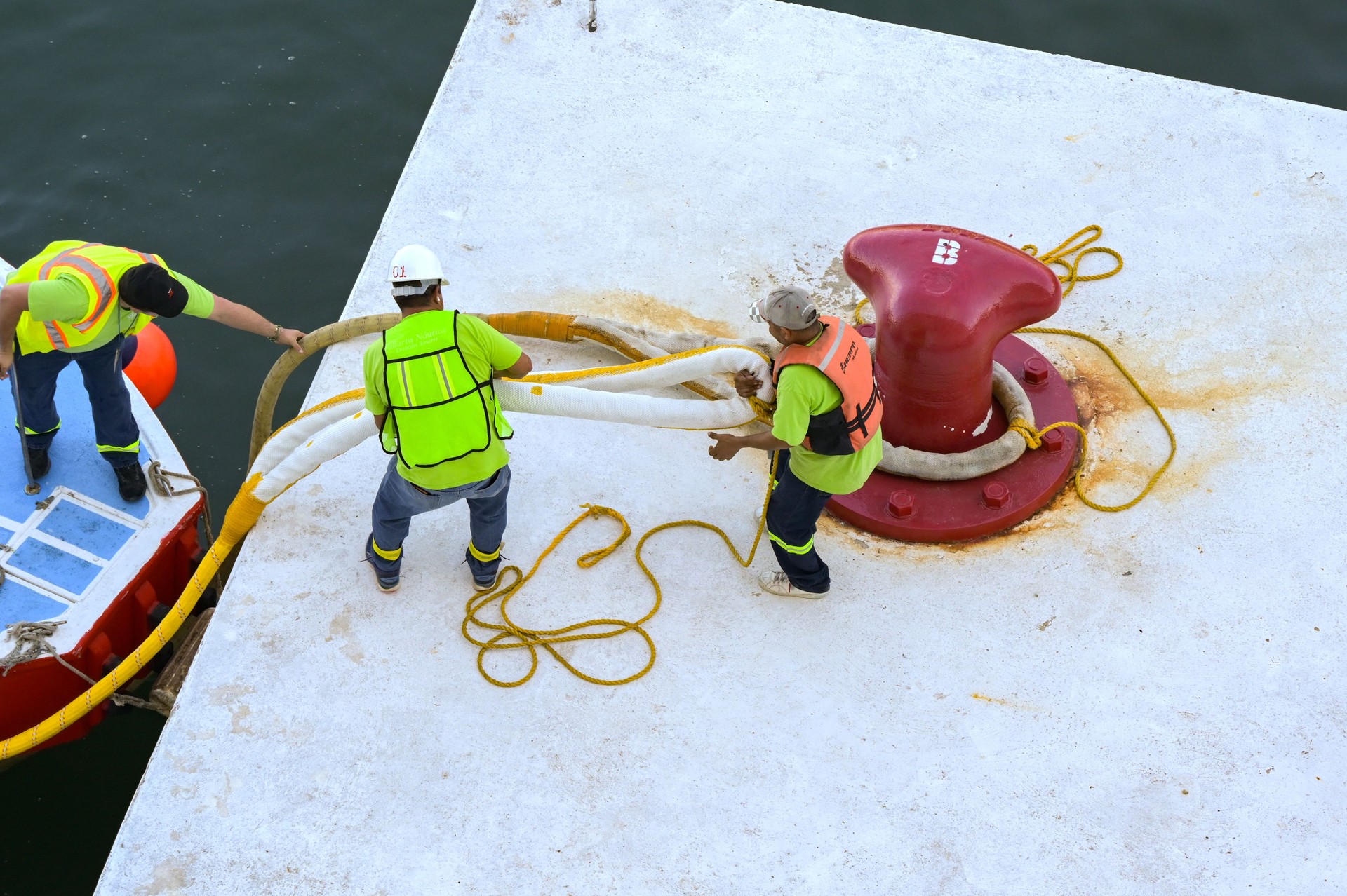 Dock workers securing the mooring lines of a cruise ship